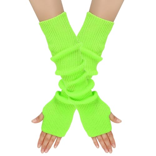 Wambere Damen Mädche Winter Fingerlose Armstulpen Langarm Fäustlinge Handschuhe Feinstrick lang Handwärmer Stulpen,Warm Strick Handschuhe Pluswärmer Strickhandschuhe,Grün von Wambere