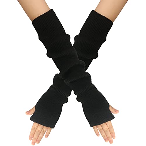 Wambere Damen Mädche Winter Fingerlose Armstulpen Langarm Fäustlinge Handschuhe Feinstrick lang Handwärmer Stulpen,Warm Strick Handschuhe Pluswärmer Strickhandschuhe,Schwarz von Wambere