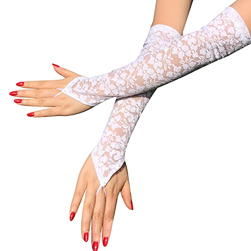 Wambere Damen Spitzen Fingerlose Handschuhe Lange Spitzen Handschuhe Strass Haken Fingerhandschuhe Brauthandschuhe Abendhandschuhe für Hochzeits Halloween Party Abschlussball Kostümzubehör,Weiss von Wambere