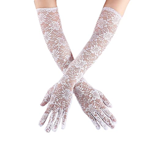 Wambere Damen Vintage Spitzen Brauthandschuhe Lange Spitzen Handschuhe für Hochzeit Oper Damen Accessoires,Damen Halb Transparent Tüll Braut Handschuhe,Lang für Hochzeit Abend 50cm,Weiß von Wambere