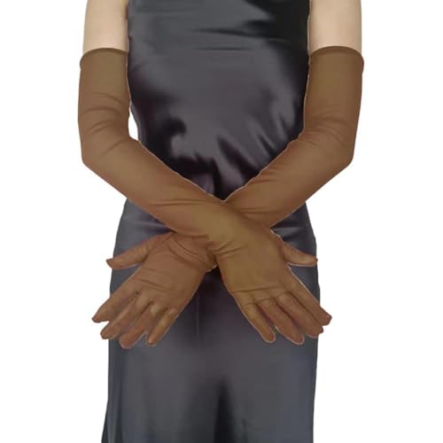 Wambere Lange Handschuhe Damen Satin Fingerhandschuhe Oper Braut Tanzhandschuhe Party Stretch Handschuhe Erwachsene Halloween Handschuhe Durchsichtig Ellenbogen Lang für Hochzeit Abend,Braun von Wambere