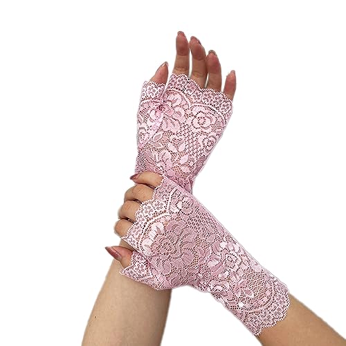 Wambere Spitzenhandschuhe,Fingerlose Handschuhe Vintage Fäustlinge Damen Spitze Stickerei Fingerlose Sonnenschutz Braut Handgelenk Handschuhe für Hochzeit Teeparty Zubehör Party Halloween,Rosa von Wambere