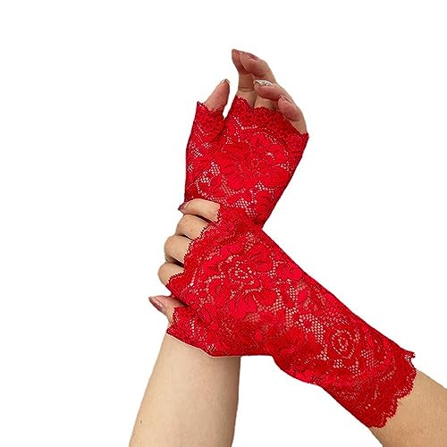 Wambere Spitzenhandschuhe,Fingerlose Handschuhe Vintage Fäustlinge Damen Spitze Stickerei Fingerlose Sonnenschutz Braut Handgelenk Handschuhe für Hochzeit Teeparty Zubehör Party Halloween,Rot von Wambere