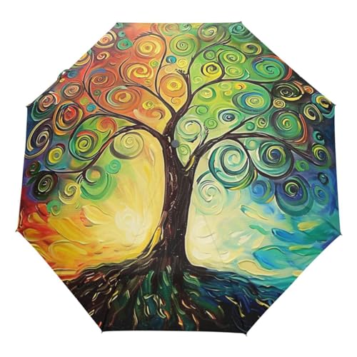 Wamika Regenbogen Baum des Lebens Auto Regenschirm Öffnen Schließen Ölgemälde Kunst Anti-UV Regenschirme Kompakt Winddicht Leicht Sonnenschirm Regenschirm für Reisen Auto Schule Sonne & Regen von Wamika