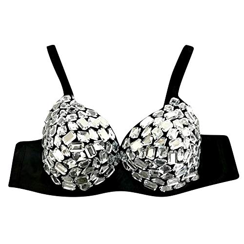 Bügel BH Glänzend Pailletten Party Top Damen Sparkly Sport-BHS Sportunterwäsche Mode Strass Sexy Neuer Punk Dame Goth Silber Party Studded Jazz Tanz Pole Dance Bikini BH Sport BH Damen (ZE-Black, L) von WanWorlder