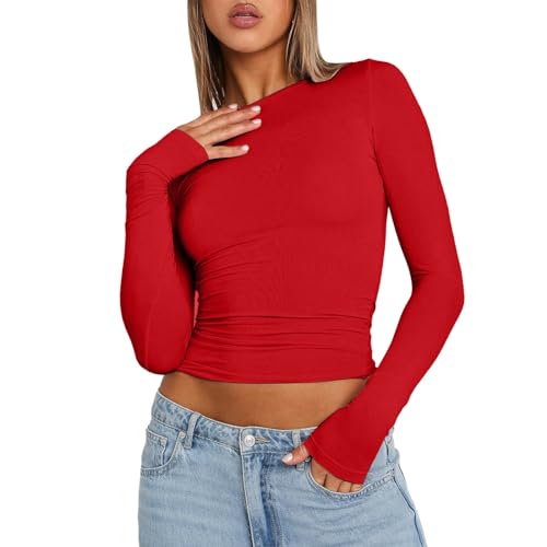 Damen Langarmshirt Slim Fit Einfarbig Langarm Shirt Elegant Sexy Crop Tops Clothes Fashion Longsleeve für Frauen Mädchen Damen Longsleeve Basic Damen-Shirt Oberteil Stretch Tunika (Red #2, S) von WanWorlder