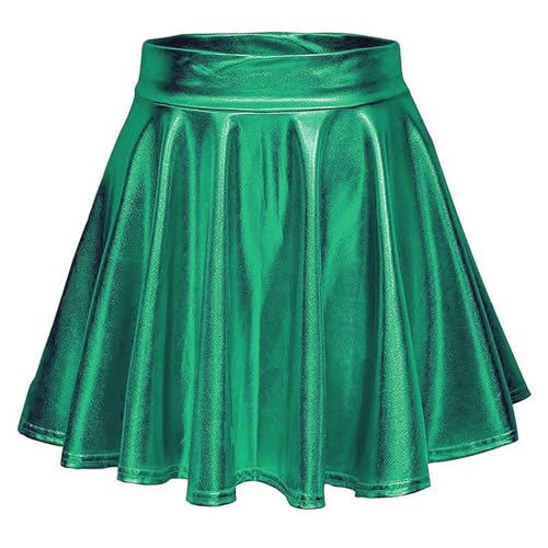 Damen Metallischer Faltenrock MiniSkater Rock Minirock kurz Mini Rock Faltenrock Tanz Rock Faltenrock Retro Stretch Skater Röcke Hohe Taille Metallischer Mini Glocken Rock (QQC-Green, S) von WanWorlder