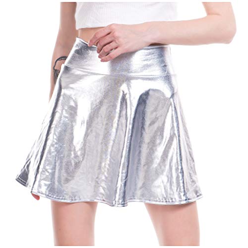 Damen Metallischer Faltenrock MiniSkater Rock Minirock kurz Mini Rock Faltenrock Tanz Rock Faltenrock Retro Stretch Skater Röcke Hohe Taille Metallischer Mini Glocken Rock (XA-White, XXL) von WanWorlder