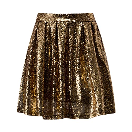 Damen Metallischer Faltenrock MiniSkater Rock Minirock kurz Mini Rock Faltenrock Tanz Rock Faltenrock Retro Stretch Skater Röcke Hohe Taille Metallischer Mini Glocken Rock (ZAA-Gold, M) von WanWorlder