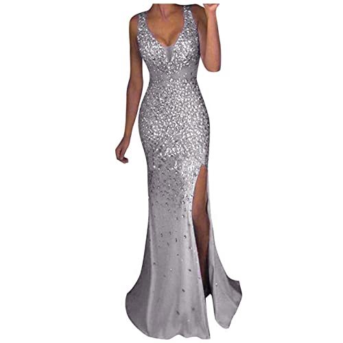 Damen Pailletten Abendkleid Sexy Schulterfrei Hohe Taille Seitenschlitz Lang Kleid Maxikleid Elegant V-Ausschnitt Cocktailkleid Ballkleider Einfarbiges ärmellos Rückenfrei Partykleid (B-Silver, L) von WanWorlder