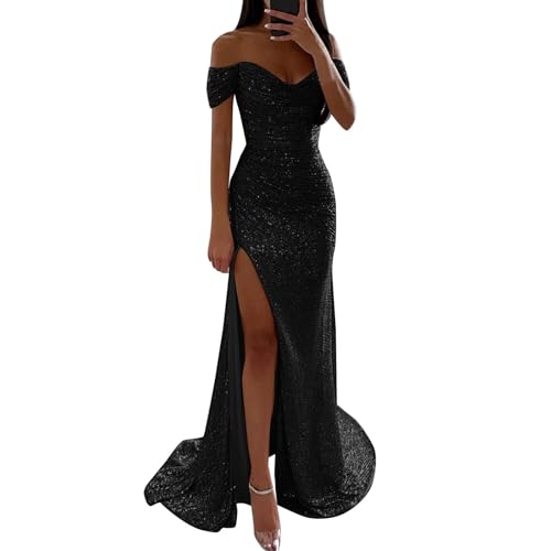 Damen Pailletten Abendkleid Sexy Schulterfrei Hohe Taille Seitenschlitz Lang Kleid Maxikleid Elegant V-Ausschnitt Cocktailkleid Ballkleider Einfarbiges ärmellos Rückenfrei Partykleid (C-Black, M) von WanWorlder