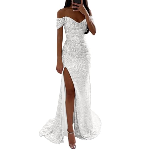 Damen Pailletten Abendkleid Sexy Schulterfrei Hohe Taille Seitenschlitz Lang Kleid Maxikleid Elegant V-Ausschnitt Cocktailkleid Ballkleider Einfarbiges ärmellos Rückenfrei Partykleid (C-Silver, M) von WanWorlder