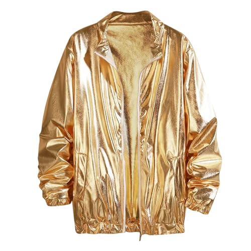 Herren Frühling Herbst dünne Sonnenschutzjacke Jacke helle Bühne Kostüm Jugend lose Top Metallic Nachtclub Reißverschluss Baseball BomberJacke Damen Langarm Metallic Jacke Party (Gold-A, M) von WanWorlder