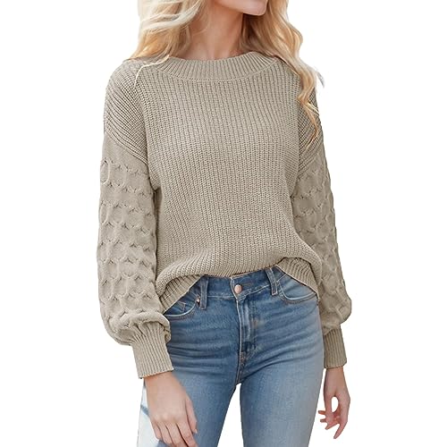 Pullover Mit Fledermausärmel Damen Pullover Damen Dunkelgrau Damen-Pullover mit Rundhalsausschnitt, langen Ärmeln, Puffärmeln, lässig, lockerer Strickpullover Gestrickte Weste Weihnachten (Beige, M) von WanWorlder