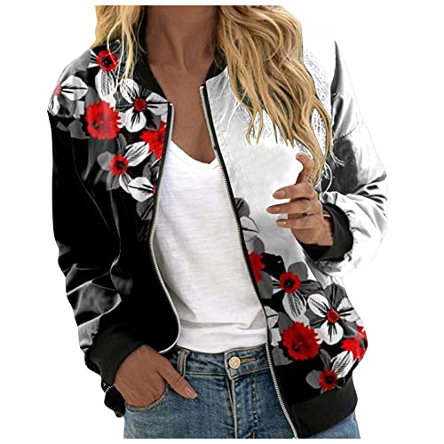 WanWorlder Bomberjacke Damen Blumenmuster Coat Sommer Blouson Reißverschluss Herbst Frühling Jacket Mädchen Sommerjacke Kurz Outwear College Jacke leichte Pilotenjacke Langarm Fliegerjacke (Red-C, S) von WanWorlder