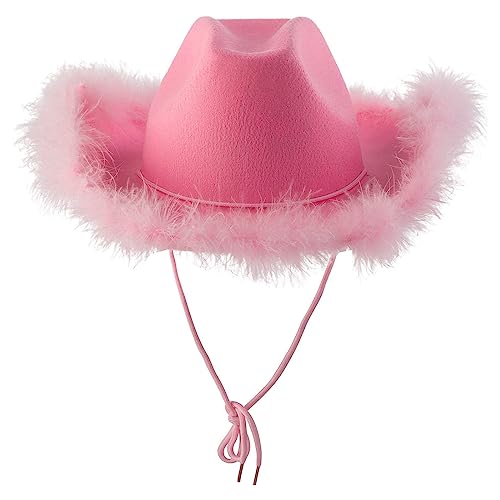 WanWorlder Cowboy Hut Damen Partybrille Accessoires CowgirlHut Cowboy Hut für Erwachsene Rodeo Reiter Wilder Westen Kostü Karneval MottopartyRosa Hut mit Feder, Flauschiger Federrand (Pink, One Size) von WanWorlder