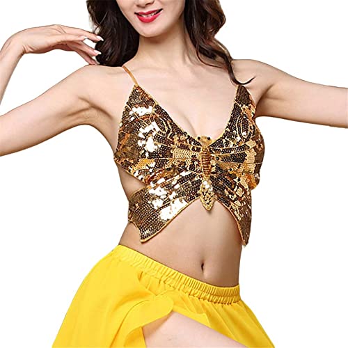 WanWorlder Damen Bauchtanz Kostüm BH Oberteil mit Pailletten Perlen Schmetterling Träger Top Halfter Crop Top Belly Dance Tanzkleidung (Gold, freesize) von WanWorlder