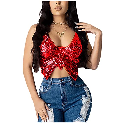 WanWorlder Damen Bauchtanz Kostüm BH Oberteil mit Pailletten Perlen Schmetterling Träger Top Halfter Crop Top Belly Dance Tanzkleidung (Rot, Freesize) von WanWorlder