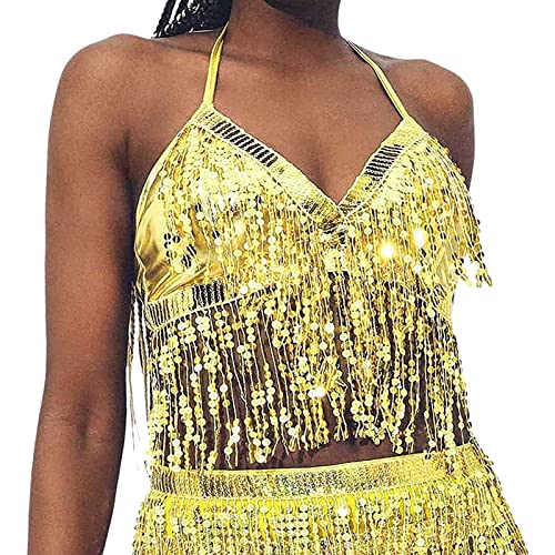 WanWorlder Damen Bauchtanz Kostüm Oberteil Neckholder BH Rückenfrei Bustier Crop Top Bauchfrei Pailletten Quasten sexy Tanz Party Outfits Kleidung Tops Frauen Sexy Schmetterling (ZA-Gold, One Size) von WanWorlder