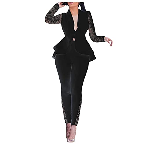 WanWorlder Damen Blazer Elegant Zweiteiliger Anzug Set Revers Business Büro Einfarbig V-Ausschnitt Blazer Rüschen Langarm Anzugjacke Hosenanzug Slim Fit Shorts 2 Stück Anzugsets (X-Schwarz, XXL) von WanWorlder