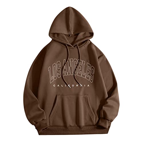 WanWorlder Damen Herren Hoodie Pullover mit Kapuze Kapuzenpullover für Männer Herren Los Angel Männer Brief Grafik Kapuzendruck Rundhals Langarm Sweatshirt Tops (a-Coffee, L) von WanWorlder