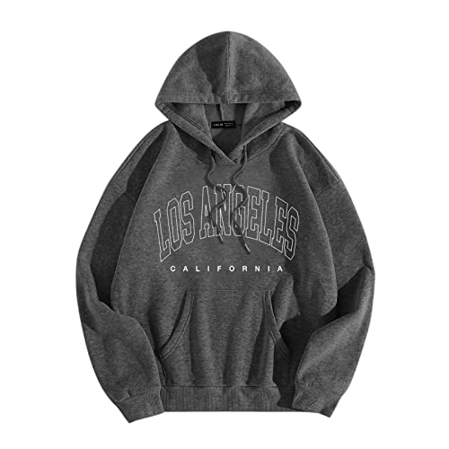 WanWorlder Damen Herren Hoodie Pullover mit Kapuze Kapuzenpullover für Männer Herren Los Angel Männer Brief Grafik Kapuzendruck Rundhals Langarm Sweatshirt Tops (a-Dark Gray, M) von WanWorlder