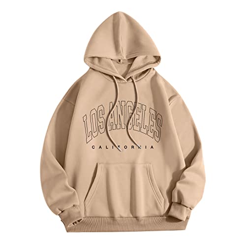 WanWorlder Damen Herren Hoodie Pullover mit Kapuze Kapuzenpullover für Männer Herren Los Angel Männer Brief Grafik Kapuzendruck Rundhals Langarm Sweatshirt Tops (a-Khaki, M) von WanWorlder