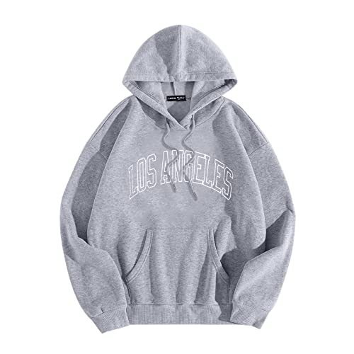 WanWorlder Damen Herren Hoodie Pullover mit Kapuze Kapuzenpullover für Männer Herren Los Angel Männer Brief Grafik Kapuzendruck Rundhals Langarm Sweatshirt Tops (b-Grey, S) von WanWorlder