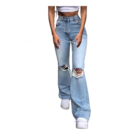 WanWorlder Damen Jeans High Waist Slim Stretch Straight Hosen Slim Fit Stretch Stylische Boyfriend Jeans Skinny Jeanshosen Hosen Mit Löchern Zerrissene Einfarbige Jeans, Z12-blau, M von WanWorlder