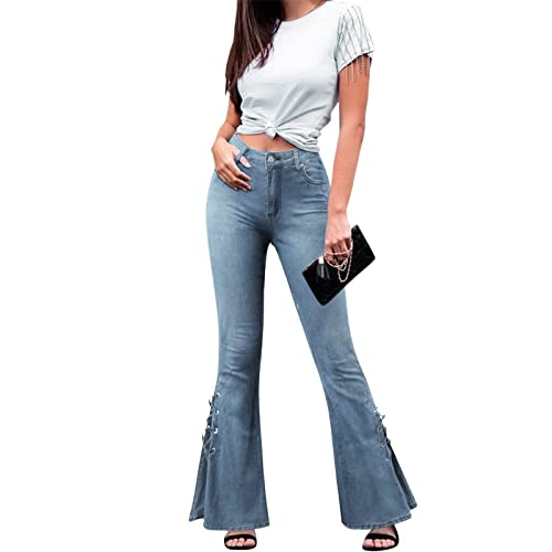 WanWorlder Damen Stretch Denim Flare Jeans Schlaghosen Ausspülen Wash Out Jeans mit mittlerer Taille zum Schnüren Stretch-Jeans Schlaghosen M-3XL, Z18hellblau von WanWorlder