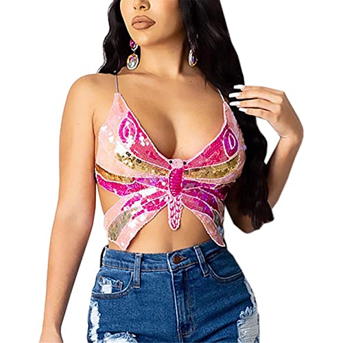 WanWorlder Frauen Sexy Schmetterling Spaghettiträger Tank Top Sexy Pailletten Ärmelloses rückenfreies Röhrenoberteil Schmetterling Enges Leibchen Top Für Mädchen Frauen (Rosa, Freesize) von WanWorlder