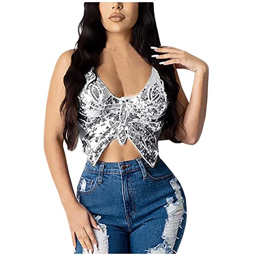 WanWorlder Frauen Sexy Schmetterling Spaghettiträger Tank Top Sexy Pailletten Ärmelloses rückenfreies Röhrenoberteil Schmetterling Enges Leibchen Top Für Mädchen Frauen (Silber, Freesize) von WanWorlder