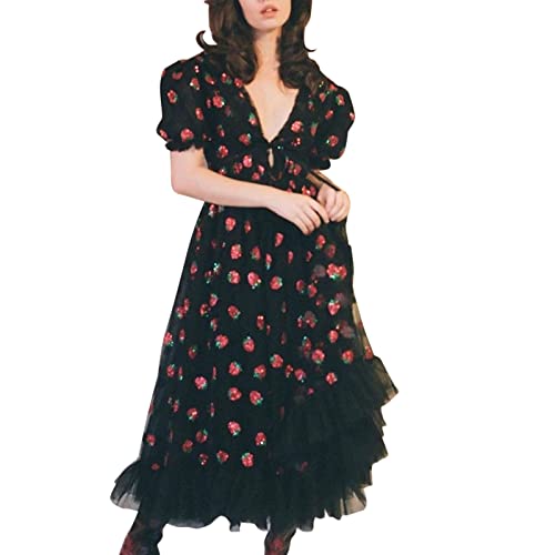 WanWorlder Kleid Blumen Damen Strawberry PaillettenStickerei Mesh Rundhals Tunika Partykleid Kleider Damen Festlich Wickelkleid Damen Sexy Kleid Damen Kleidung Damen (Black, L) von WanWorlder