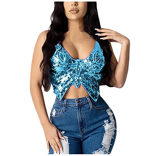 WanWorlder Pailletten Schmetterling Crop Tops Bauchtanz Kostüm Festival Club Sexy Tank Neckholder Bandage Tops (Blau B, Freesize) von WanWorlder