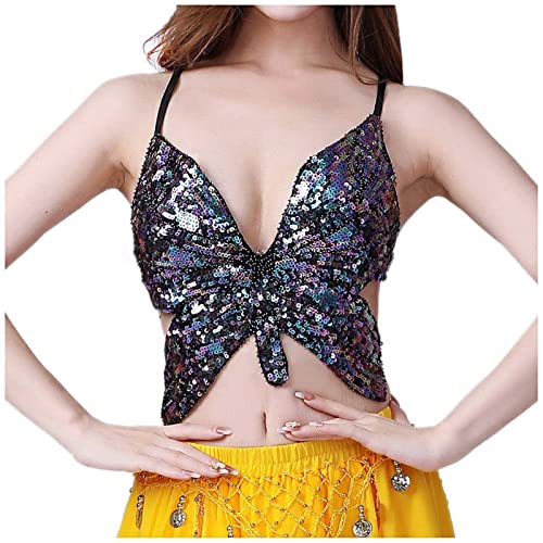 WanWorlder Pailletten Schmetterling Crop Tops Bauchtanz Kostüm Festival Club Sexy Tank Neckholder Bandage Tops (Mehrfarbig, Freesize), Einheitsgröße von WanWorlder