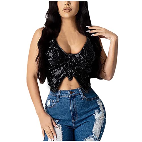 WanWorlder Pailletten Schmetterling Crop Tops Bauchtanz Kostüm Festival Club Sexy Tank Neckholder Bandage Tops (Schwarz, Freesize) von WanWorlder