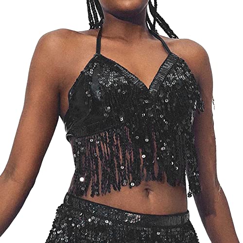 WanWorlder Pailletten Schmetterling Crop Tops Bauchtanz Kostüm Festival Club Sexy Tank Neckholder Bandage Tops (XA-Black, One Size) von WanWorlder