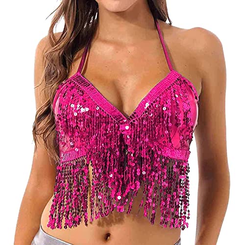 WanWorlder Pailletten Schmetterling Crop Tops Bauchtanz Kostüm Festival Club Sexy Tank Neckholder Bandage Tops (XA-Hot Pink, One Size) von WanWorlder