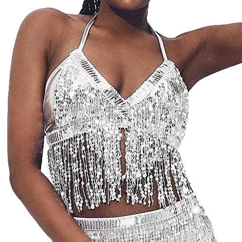 WanWorlder Pailletten Schmetterling Crop Tops Bauchtanz Kostüm Festival Club Sexy Tank Neckholder Bandage Tops (XA-Silver, One Size) von WanWorlder