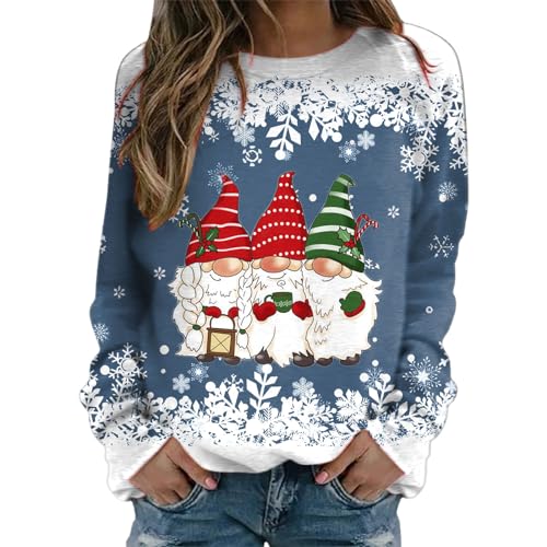 Weihnachtspullover Damen Sweatshirt Rundhals Langarm Rentier Weinglas Weihnachtsmann Druck Langarmshirt Teenager Mädchen Christmas Sweatshirt Weihnachtspulli Oberteile Tops Pullover (GA-Blue, XXL) von WanWorlder