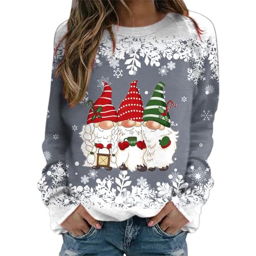 Weihnachtspullover Damen Sweatshirt Rundhals Langarm Rentier Weinglas Weihnachtsmann Druck Langarmshirt Teenager Mädchen Christmas Sweatshirt Weihnachtspulli Oberteile Tops Pullover (GA-Grey, XL) von WanWorlder