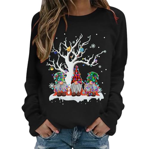 Weihnachtspullover Damen Sweatshirt Rundhals Langarm Rentier Weinglas Weihnachtsmann Druck Langarmshirt Teenager Mädchen Christmas Sweatshirt Weihnachtspulli Oberteile Tops Pullover (GB-Black, M) von WanWorlder