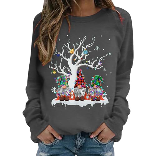 Weihnachtspullover Damen Sweatshirt Rundhals Langarm Rentier Weinglas Weihnachtsmann Druck Langarmshirt Teenager Mädchen Christmas Sweatshirt Weihnachtspulli Oberteile Tops Pullover (GB-Dark Gray, L) von WanWorlder