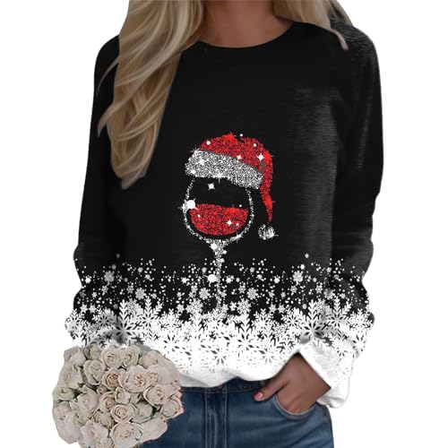 Weihnachtspullover Damen Sweatshirt Rundhals Langarm Rentier Weinglas Weihnachtsmann Druck Langarmshirt Teenager Mädchen Christmas Sweatshirt Weihnachtspulli Oberteile Tops Pullover (HA-Black, L) von WanWorlder