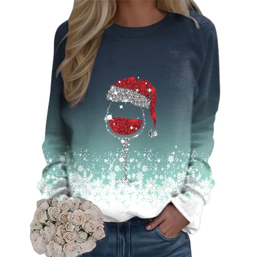 Weihnachtspullover Damen Sweatshirt Rundhals Langarm Rentier Weinglas Weihnachtsmann Druck Langarmshirt Teenager Mädchen Christmas Sweatshirt Weihnachtspulli Oberteile Tops Pullover (HA-Mint Green, L) von WanWorlder