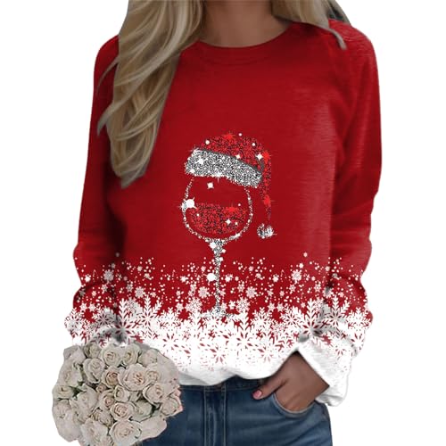 Weihnachtspullover Damen Sweatshirt Rundhals Langarm Rentier Weinglas Weihnachtsmann Druck Langarmshirt Teenager Mädchen Christmas Sweatshirt Weihnachtspulli Oberteile Tops Pullover (HA-Red, XXL) von WanWorlder