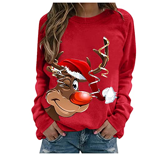 Weihnachtspullover Damen Sweatshirt Rundhals Langarm Rentier Weinglas Weihnachtsmann Druck Langarmshirt Teenager Mädchen Christmas Sweatshirt Weihnachtspulli Oberteile Tops Pullover (TA-Red, XXL) von WanWorlder