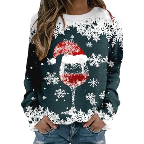 Weihnachtspullover Damen Sweatshirt Rundhals Langarm Rentier Weinglas Weihnachtsmann Druck Langarmshirt Teenager Mädchen Christmas Sweatshirt Weihnachtspulli Oberteile Tops Pullover (a-Dark Blue, M) von WanWorlder