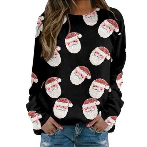 Weihnachtspullover Damen Sweatshirt Rundhals Langarm Rentier Weinglas Weihnachtsmann Druck Langarmshirt Teenager Mädchen Christmas Sweatshirt Weihnachtspulli Oberteile Tops Pullover (c-Black, XXL) von WanWorlder