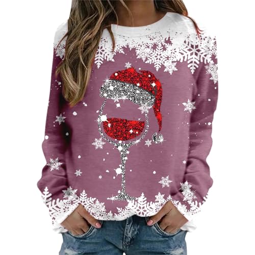 Weihnachtspullover Damen Sweatshirt Rundhals Langarm Rentier Weinglas Weihnachtsmann Druck Langarmshirt Teenager Mädchen Christmas Sweatshirt Weihnachtspulli Oberteile Tops Pullover (d-Hot Pink, S) von WanWorlder